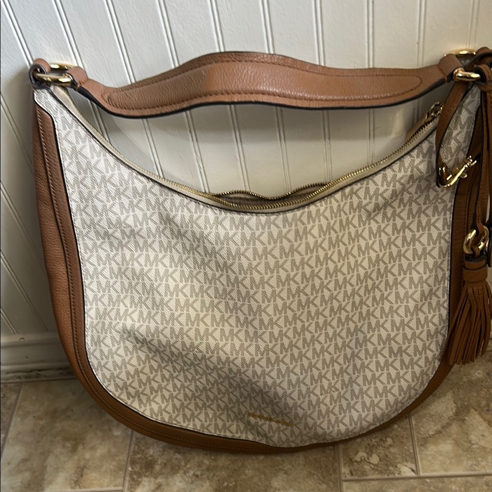Michael Kors Tan and Cream Hobo Bag with Gold Hardware